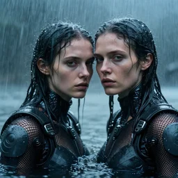 cinestill 5 0 d candid action photographic portrait by helen levitt of two loving female androids wearing rugged black mesh techwear in treacherous waters, extreme closeup, modern cyberpunk retrofuturism moody emotional cinematic, pouring iridescent rain, 8 k, hd, high resolution, 3 5 mm, f / 3 2, motion blur, ultra realistic faces, ex machina