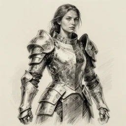 Woman wearing big armor, pencil sketch, concept art