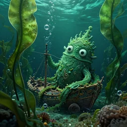 detailed effervescent ocean with large sea kelp and bubbles, an ornate, funny sea monster, creature with large eyes is wrapped around a ship wreck, by maurice sendak, shaun tan made in hyperrealistic 3 d, octane render, dark green colours, sharp focus, 8 k, nighttime