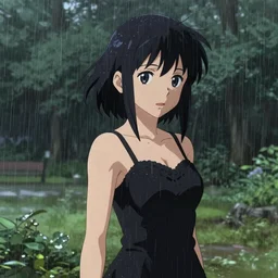 a beautiful anime girl with dark hair, wearing a black dress, rainy weather, park background, intricate, highly detailed, digital painting, artstation, anime key visual, concept art, dramatic lighting, sharp focus, illustration, art by Artgerm, Makoto Shinkai, Ilya Kuvshinov, Lois Van Baarle, and Rossdraws