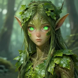 A realistic anime portrait of a handsome dryad with glowing green eyes and tree bark skin wearing clothes made of leaves, digital painting, by Stanley Artgerm Lau, Sakimichan, WLOP and Rossdraws, digtial painting, trending on ArtStation, SFW version