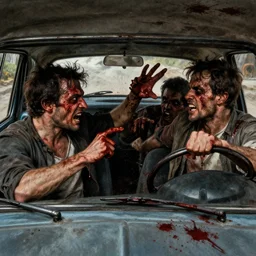 three men fighting inside of a small car. bloody, violent. horror. art by gaston bussiere.