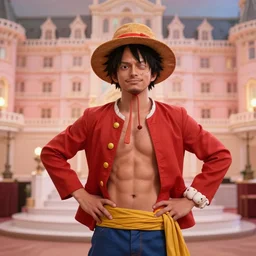 a film still of cosplay of luffy the pirate in the grand budapest hotel ( 2 0 1 4 ), 4 k