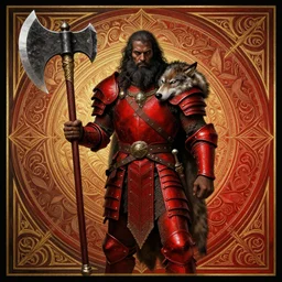 Barbarian, male, dark skin, unkempt hair and beard, fully red armor, wolf pelt head, Giant Axe, D&D, epic fantasy, peace, duality, intrincate, symmetry, by Joseph Christian Leyendecker, trending on artstation, artstationHD, artstationHQ