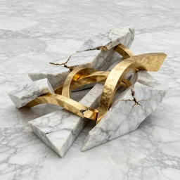fractured hyper abstract sculpture made from marble, partly intertwined with complex golden broken ornaments , glossy reflective marble floor, no sky, very complex, photography