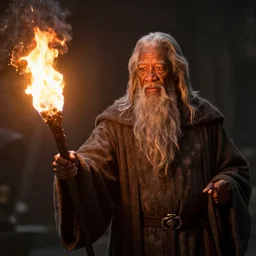 Morgan Freeman as Gandalf the Grey casting a fireball from his staff, still from Lord of the Rings movie, detailed, 4k