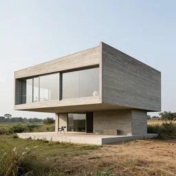 a brutalist architecture concrete house. the house stands in a rural landscape. designed by alejandro aravena