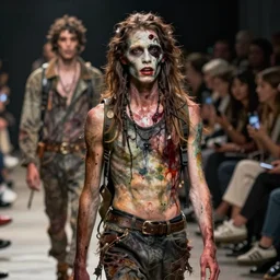 a bokeh photo of a zombie runway model on the catwalk, documentary film, an ultrafine detailed painting by james jean, cgsociety, figurative art, detailed painting, dystopian art, high detail greg rutkowski and andreas rocha, tristan eaton, victo ngai, artgerm, rhads, ross draws