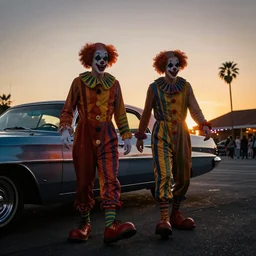 2 0 clowns leaving a clowncar at a california drive in, in 2 0 1 2, cutecore clowncore, bathed in the the glow of the sunset, low - light photograph, in style of henry selik