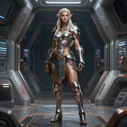 portrait of a beautiful full body female warrior elf default pose in a spaceport, d & d, fantasy, full body, intricate, muscular, highly detailed, digital painting, artstation, concept art, smooth, sharp focus, illustration, art by simon bisley and greg rutkowski and alphonse mucha, 8 k