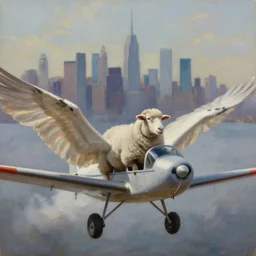 sheep riding on a small aircraft with wings in the sky, manhattan skyline backdrop, oil on canvas, cinematic lighting, high detail