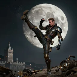 jean - claude van damme kicking the moon, steampunk, detailed, realistic, high contrast