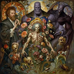 the platonic ideal of flowers, rotting, insects and praying of cletus kasady ultimate carnage thanos dementor doctor manhattan chtulu nazgul bioshock davinci, d & d, fantasy, ego death, detailed, intricate, hyperrealism, intense, scary, decay, dmt, art by artgerm and greg rutkowski and alphonse mucha