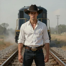 a dramatic ethereal epic symmetrical painting of a handsome villainous cowboy standing in front of railroad tracks with a train locomotive | his shirt is unbuttoned and he has a pocketwatch | tarot card, art deco, art nouveau, ( steampunk ), homoerotic, realistic | by louis comfort tiffany and ( ( ( ( alphonse mucha ) ) ) | trending on artstation