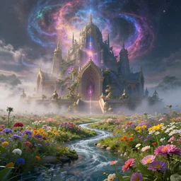 a large mystic shrine shrouded by mystic nebula magic in a field of flowers, john berkey, mad dog jones, breath - taking beautiful flowers, streams, nebula, and mist, an aesthetically pleasing, dynamic, energetic, lively, complex, intricate, detailed, well - designed digital art of magic, streams, flowers, and mist, early morning, light and shadow