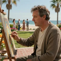 a cinematic extreme close - up of ( ( ( middle aged man wearing a cardigan sitting at a painting easel in his beachside backyard, palm trees and flowers, brick patio, overlooking the ocean ) ) ), fantasy art, highly detailed matte painting, telephoto lens 2 0 0 mm, by stanley artgerm lau, greg rutkowski, alphonse mucha, loish, norman rockwell