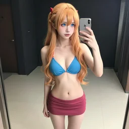a very beautiful young yuuki asuna taking a selfie on 9 / 1 1, full body, long wavy hair, sky blue eyes, full round face, bikini, miniskirt,, cinematic wallpaper
