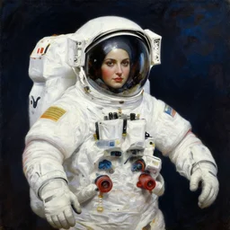 beautiful oil painting of an astronait woman, by vargas, mucha, manara, wlop, rutkowski