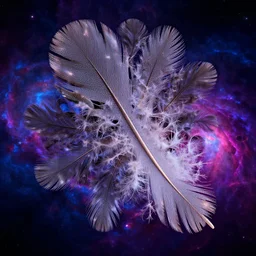 an highly detailed irregular warped fractal of feathers by Scott Listfield, background of outer space neon nebulas by Pilar Gogar, 8k hdr octane render