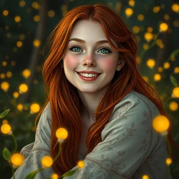 a totally enraptured smiling young woman surrounded by golden firefly lights in a mesmerizing scene, sitting amidst nature fully covered, intricate detailed dress, long loose red hair, precise linework, accurate green eyes, small nose with freckles, smooth oval head, expressive emotions, hyper realistic ultrafine portrait by artemisia gentileschi, jessica rossier, artgerm