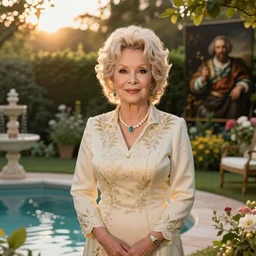 Dolly Parton, golden hour, in a garden by a pool, artstation, by J. C. Leyendecker and Peter Paul Rubens,