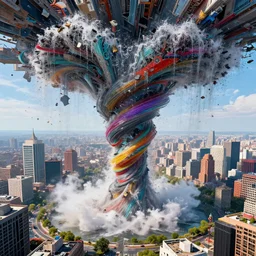 destructive water tornado in the city, photorealistic, highly detailed, sharp focus, vivid, colorful, symmetrical, random, convoluted, mind - blowing, creative, fully functional, end of the world