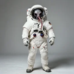 extremely detailed studio portrait of space astronaut, alien tentacle protruding from eyes and mouth, slimy tentacle breaking through helmet visor, shattered visor, full body, soft light, disturbing, shocking realization, award winning photo by diane arbus