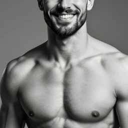lack and white photography of a very muscular man smiling with a chiseled jawline and trimmed beard