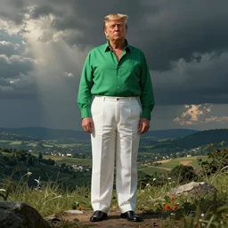 concept art donald trump in white pants and green shirt, in style alberto mielgo, background by junich higashi, intricate, 4 k resolution, cinematic lighting