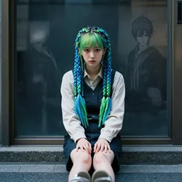 concept art, pretty girl sitting on street, braids blue and green, alone, junichi higashi, isamu imakake, intricate, balance, ultra detailed, full far frontal portrait, volumetric lighting, cinematic lighting + masterpiece,