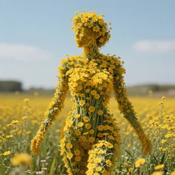 hyper realistic photo human body made of golden wild flowers