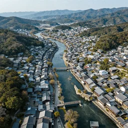 photo realistic landscape of medieval japan port town, aerial photography, exquisite detail, octane render, 8 k postprocessing,