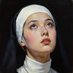 hyperrealism oil painting, complete darkness background, close - up face portrait from up, nun fashion model looking up, in style of classicism mixed with 8 0 s sci - fi japanese books art