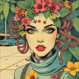 risograph grainy drawing vintage sci - fi, antagonist girl, satoshi kon color palette, face covered with plants and flowers, wearing futuristic scaphander with lot of vires and tentacles, exotic plants around and on the background, parking lot, painting by moebius and satoshi kon and dirk dzimirsky close - up portrait