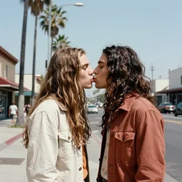 a street in los angeles with 2 kissing hippy's in 1 9 7 0. 7 0's color 4 k