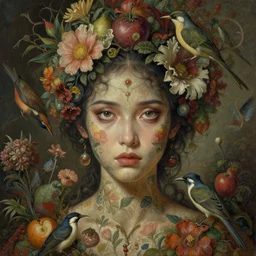 breathtaking detailed concept art painting blend of queen sirikrit by hsiao - ron cheng with anxious piercing eyes, vintage illustration pattern with bizarre compositions blend of flowers and fruits and birds by beto val and john james audubon, exquisite detail, extremely moody lighting, 8 k