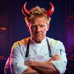 photorealistic gordon ramsay with devil horns in the style of michael whelan. hyperdetailed photorealism, 1 0 8 megapixels, amazing depth, high resolution, 3 d shading, 3 d finalrender, 3 d cinematic lighting, glowing rich colors, psychedelic overtones, artstation concept art.