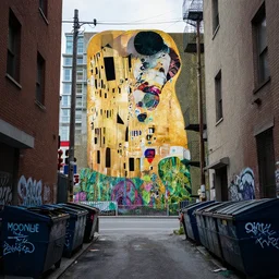 looking down a claustrophobic urban alley with dumpsters graffiti and power lines in east vancouver, artstation, smooth, sharp focus, art by gustav klimt - alphonse mucha - adolphe bouguereau, brutalism, hi res, unreal engine, 8 k, ultra - realistic, gritty, 1 0 0 mm
