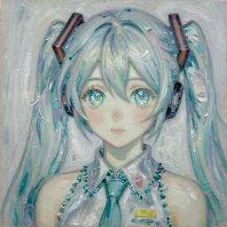 A delicate, soft and highly detailed painting of Hatsune Miku with sparkly anime eyes, chiaroscuro, masterpiece painted by Claude monet, post-impressionism, thick impasto technique, paint-on-glass painting, pastel oil inks, very ethereal, vantablack chiaroscuro, paint-on-glass painting, oil inks, very ethereal, silver light, nacre colors