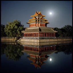 kodak portra 4 0 0 photographic and realistic, the forbidden city, temple, night, moonlight, detailed, wide angle, floor flooded, how a river, objects that float, 3 5 mm, sharp focus, soft light, volumetric light, in the style of gregory crewdson