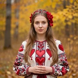 russian folk art style. young woman with many hearts. autumnal colours. realistic