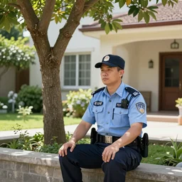 police officer sitting in a sunny garden under a tree in front of his house realistic