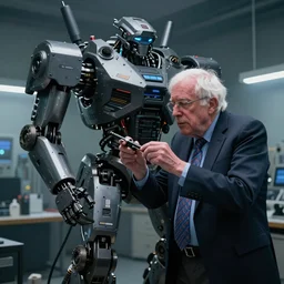 bernie sanders putting the finishing touches on an armored weaponized mech robot, cinematic moody lighting, smoky laboratory, sharp focus, imax