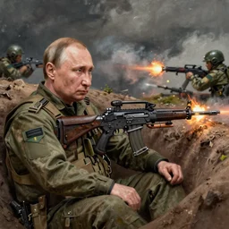 Putin, fully equipped, is sitting in a trench and shooting back at the Ukrainians. Super detailed style/ HD textures/Detailed face of Putin/ detailed processing of details
