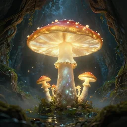 gediminas pranckevicius beautiful and stunning professional digital artwork of a glowing mushroom cave, haze, spores floating in the air, vines, water, volumetric lighting, hyperrealistic, rtx on, ultra detail, barlowe wayne maxfield parrish and marco mazzoni
