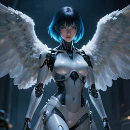 2D movie still, a beautiful cinematic female cyborg angel , fantasy magic, short aqua blue black fade hair, dark light night, highly detailed, advanced digital anime art, concept art, masterpiece by Junji Ito and Sakimimichan