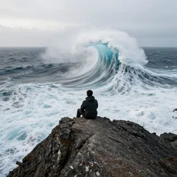 man sitting on top peak mountain cliff looking at tsunami