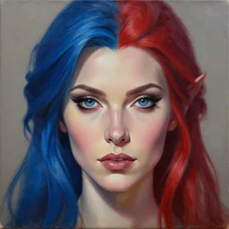 A detailed matte oil on canvas head on symmetrical portrait of a distinguished elven woman with blue and red hair, (((((makeup))))) and ((((eye shadow)))) by Charlie bowater and lise deharme wlop, trending on artstationhd,  dungeons and dragons art, critical role, split hair dye, half and half dye, two tone dye