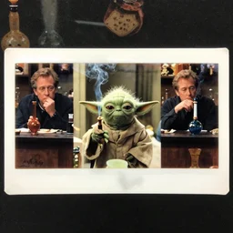 3 5 mm film slide of steven spielberg directed scene of a yoda smoking a bong inside a yoda themed bong and weed shop.
