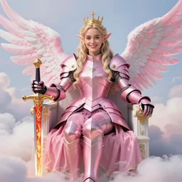 gorgeous!! hyper - realistic woman resembling emilia clarke as a princess wearing ornate pink knight armor, elf ears, angel wings, angemon, smiling l sitting at her thrown holding a fiery long sword | divine, elegant, ethereal, heavenly, clouds, cute, beautiful, holy, fantasy | illustration, intricate, high detail, ultra graphics, digital painting, photorealistic, tarot, bright | drawn by wlop, drawn by jeehyung lee, drawn by artgerm